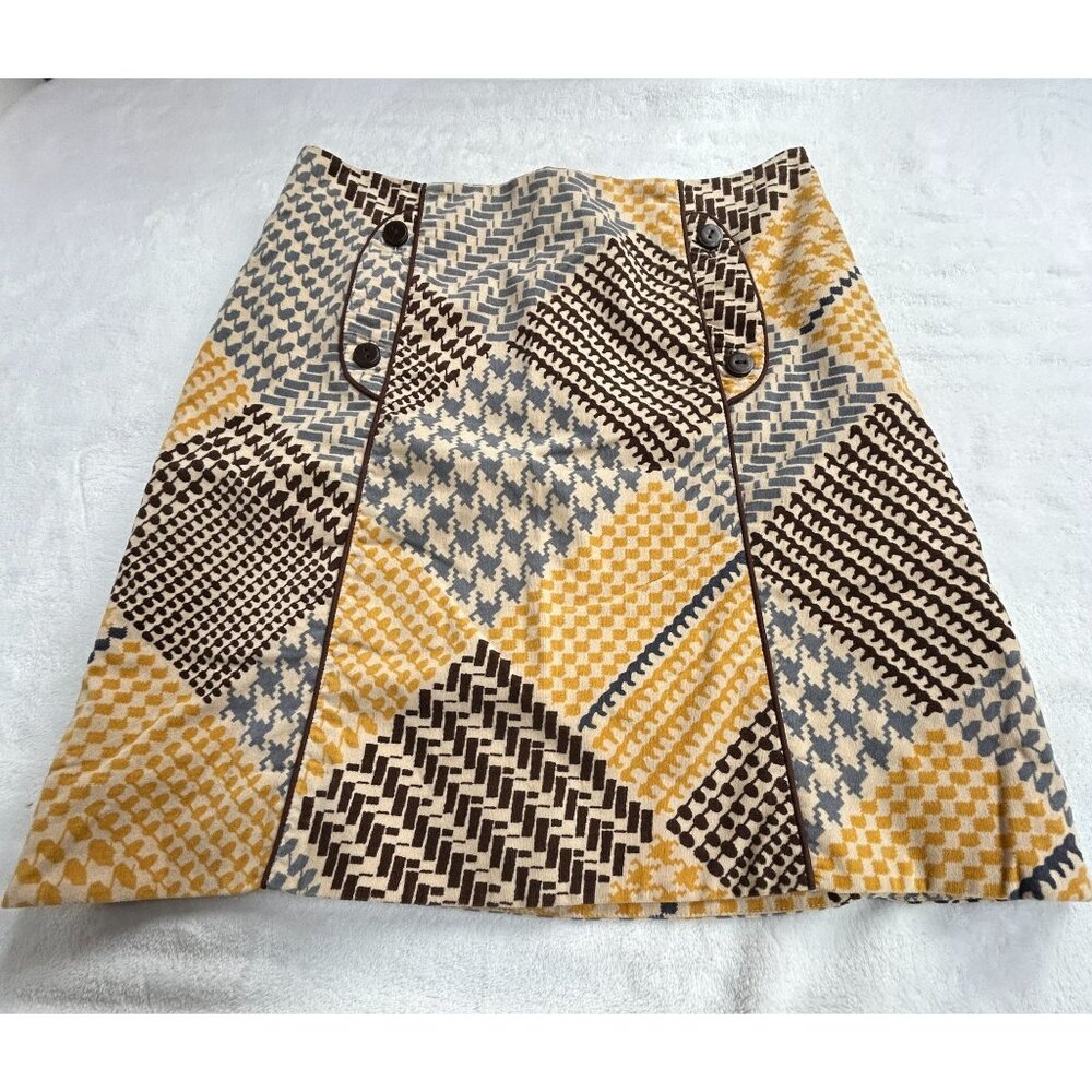 Anthropologie Maeve Houndstooth Patchwork A-Line Mini Skirt Size 4 Yellow Brown